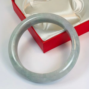 58.5mm Hand Carved Icy Apple Green with Bluish Milky White Authentic Burmese Grade A Jadeite Jade Bangle/ J1020
