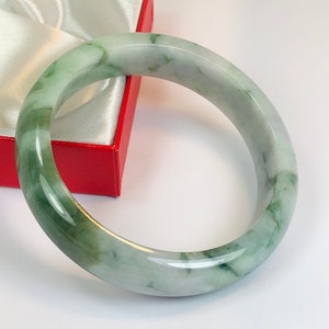 58.2mm Hand Carved Icy Apple and Forest Green with Milky White Authentic Burmese Grade A Jadeite Jade Bangle/ J1015