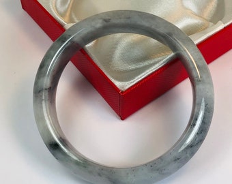 55.6mm Hand Carved Icy Light Grayish Black with Milky White Authentic Burmese Grade A Jadeite Jade Bangle/ J1003