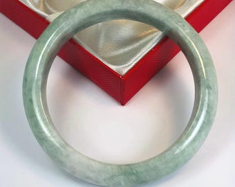 58.5mm Hand Carved Icy Apple Green with Milky White Authentic Burmese Grade A Jadeite Jade Bangle/ J991
