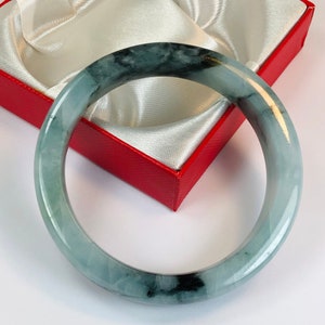 57.1mm Square Edge Hand Carved Icy Spinach Green with Bluish Milky White Authentic Burmese Grade A Jadeite Jade Bangle/ J1025
