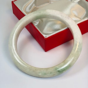 59.4mm Hand Carved Icy Forest and Imperial Green with Milky White Authentic Burmese Grade A Jadeite Jade Bangle/ J982
