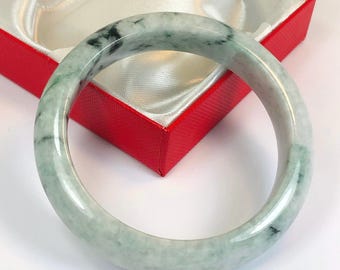 58.6mm Hand Carved Icy Apple and Spinach Green with Milky White Authentic Burmese Grade A Jadeite Jade Bangle/ J1002