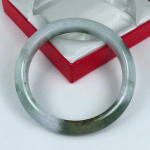 58.3mm Hand Carved Forest and Emerald Green with Milky White Authentic Burmese Grade A Jadeite Jade Bangle/Jade Bracelet/ J773