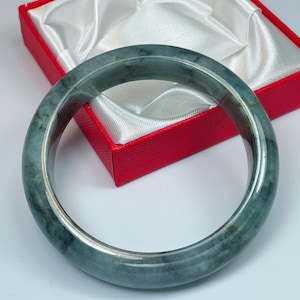 60.9mm Hand Carved Icy Apple and Imperial Green w/Milky White Authentic Burmese Grade A Jadeite Jade Bangle/Jade Bracelet/Genuine Jade/J882