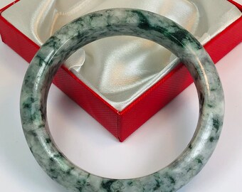 61.5mm Hand Carved Emerald Green with Grayish Milky White Authentic Burmese Grade A Jadeite Jade Bangle/ J997