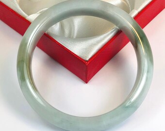 57.6mm Hand Carved Icy Apple and Forest Green with Milky White Authentic Burmese Grade A Jadeite Jade Bangle/ J1014