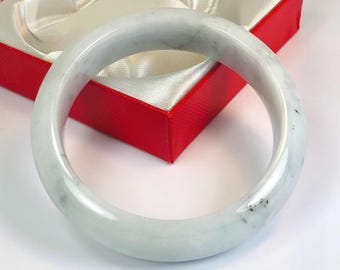 58.2mm Hand Carved Icy Light Apple and Spinach Green with Milky White Authentic Burmese Grade A Jadeite Jade Bangle/ J978