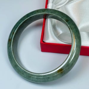 57.8mm Hand Carved Icy Emerald and Apple Green w/Milky White Authentic Burmese Grade A Jadeite Jade Bangle/Jade Bracelet/Genuine Jade/J884