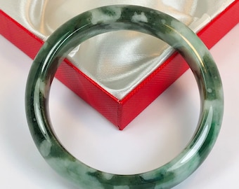 58.4mm Hand Carved Icy Marbled Apple and Emerald Green with Milky White Authentic Burmese Grade A Jadeite Jade Bangle/ J1001
