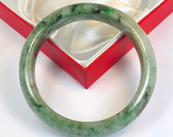 58.9mm Hand Carved Icy Apple, Forest and Imperial Green with Milky White Authentic Burmese Grade A Jadeite Jade Bangle/ J1007