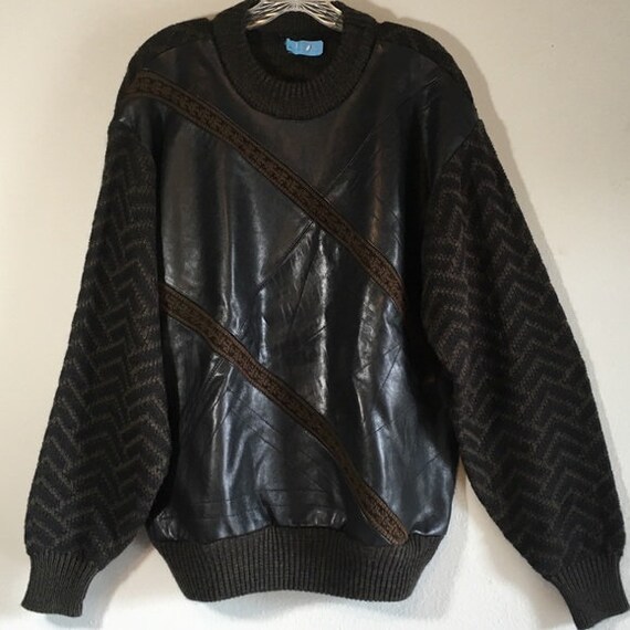 Vintage 80s Leather Men’s Pullover Knit Striped
