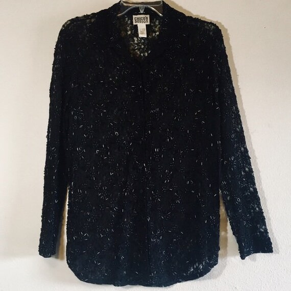 Vintage Black Embellished Lace Blouse Top Beaded
