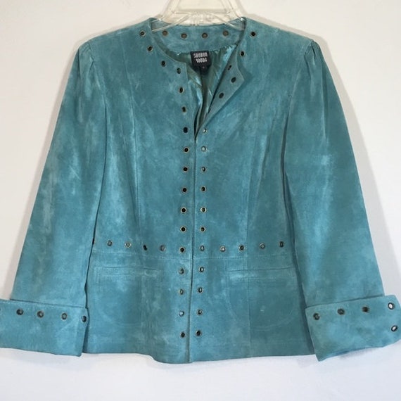 Vintage Leather Jacket Suede Blazer Boho Teal