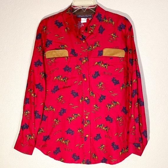 Vintage Button Down Shirt Horses Dog Pattern Suede