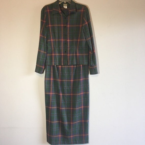 Vintage Matching Set Plaid Midi Pencil Skirt Butto