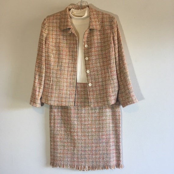 90s Vintage Set Tweed Blazer Pencil Skirt Fringe