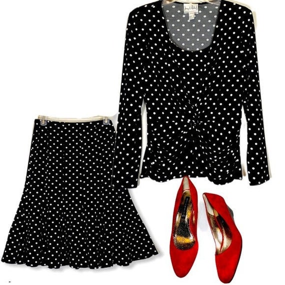 Vintage Polkadot Matching Set Blouse Midi Skirt