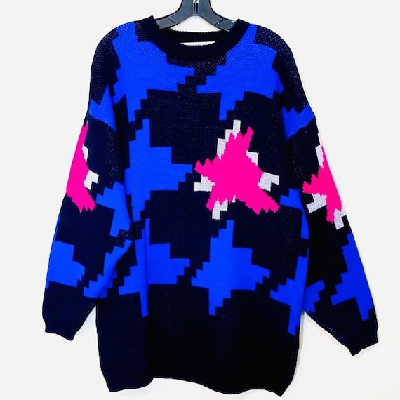Vintage Oversized Sweater Abstract 80s Houndstooth