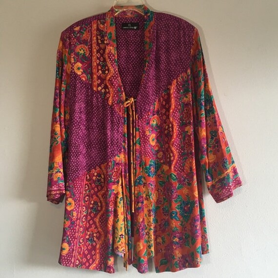 Vintage Floral Top Oversized Tunic Front Tie