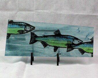 Fused Glass Casting of Trout with Stand, Lake Fish Art, Marine Life Art, Freshwater Fish Art, Water Scene Glass Art