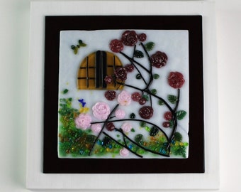 English Rose Garden and Window Fused Glass Wall Art, Framed Fused Glass Roses, Climbing Roses, Rune Roses, A Court of Thorns and Roses