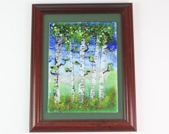 One of a Kind Fused Glass Framed Birch Tree Art, Forest Scene, Fused Glass Art, Forest with Blue Sky, Silver Birch Grove, Crushed Glass Art