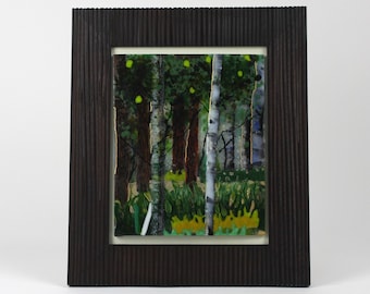 One of a Kind Fused Glass Framed Tree Art, Forest Scene, Fused Glass Art, Forest with Blue Sky, Silver Tree Grove, Crushed Glass Art