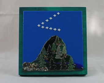 Fused Glass Mountain with Pine Trees, Flying Geese and Blue Sky Background, Fused Glass Wall Art, Tree Scene Wall Art