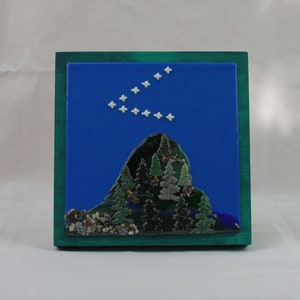 Fused Glass Mountain With Pine Trees, Flying Geese and Blue Sky ...