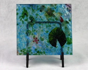 Fused Glass Casting of Koi Pond with Lily Pads and Flowers in Stand, Koi Water Scene Glass Art