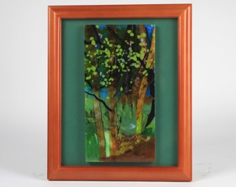 One of a Kind Fused Glass Framed Tree Art, Forest Scene, Fused Glass Art, Gold Accented Forest Grove with Blue Sky, Crushed Glass Art