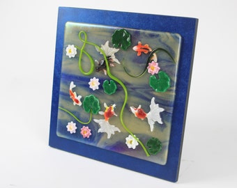 Koi Pond Fused Glass Art Zen Shimmering Water Garden with Fish, Lily Pads, and Lotus Flower Water Lilies