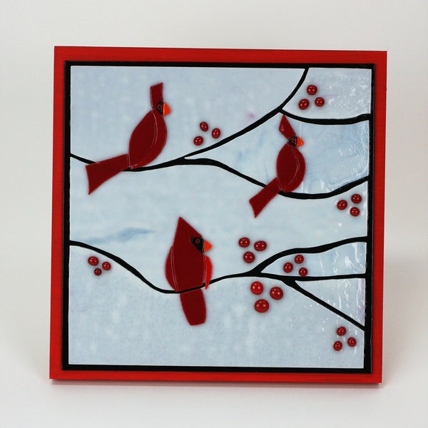 Fused Glass Winter Cardinals In Trees with Berries, Cardinal Home Decor, Cardinals On Branches, Bird Home Decor