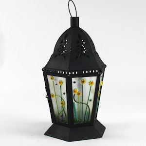 Handmade Fused Glass Lantern, Yellow Daffodil and Sunflower Summer Flower Lantern, Outdoor Lantern, Lantern Decor