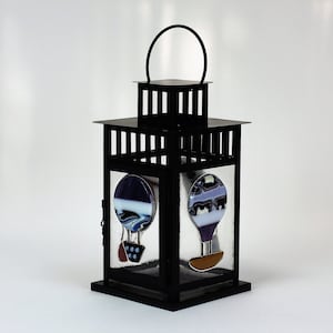 Fused Glass Lantern with Hot Air Balloons, Dirigible Metal Lantern, Hanging Lantern, Outdoor Lighting, Hanging Lamp Light