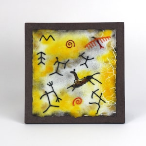 Fused Glass Ice Age Cave Painting Wall Art, Prehistoric Lascaux-Type Petroglyph Rock Art, Primitive Neanderthal Stone Age Hunter Scene
