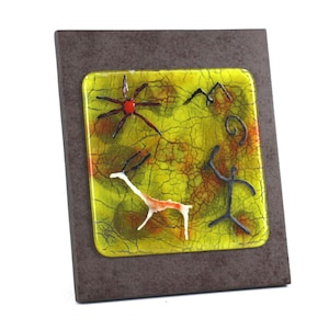Fused Glass Ice Age Cave Painting Wall Art, Prehistoric Lascaux-Type Petroglyph Rock Art, Primitive Neanderthal Stone Age Hunter Scene