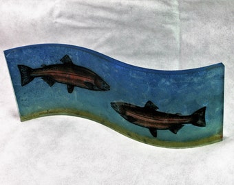 Dual Fish Freestanding Curved Screenprint Glass Casting Created with Recycled Glass, Fused Glass Art Sculpture, Lake Fish, Marine Life Art