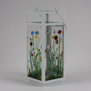 Fused Glass Summer Flower and Dragonfly Lantern, Metal Garden Art, Hanging Lantern, Candle Lantern Decor, Lantern Light, Backyard Lantern