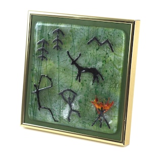 Fused Glass Ice Age Cave Painting Wall Art, Prehistoric Lascaux-Type Petroglyph Rock Art, Primitive Neanderthal Stone Age Hunter Scene