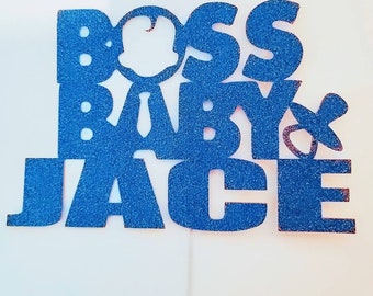 Personalized Custom Cake topper for Child's Birthday with Boss Baby theme and Pacifier image. Standard size 7.5"W x 5"H
