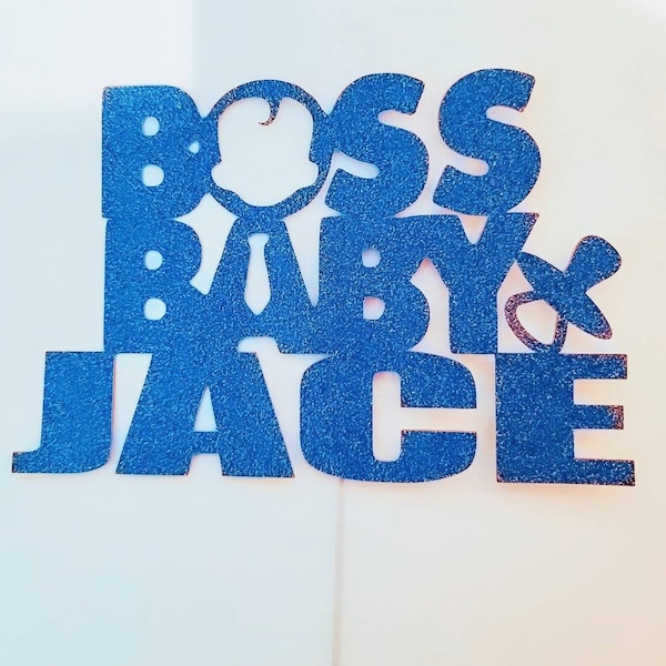 Personalized Custom Cake topper for Child's Birthday with Boss Baby theme and Pacifier image. Standard size 7.5"W x 5"H