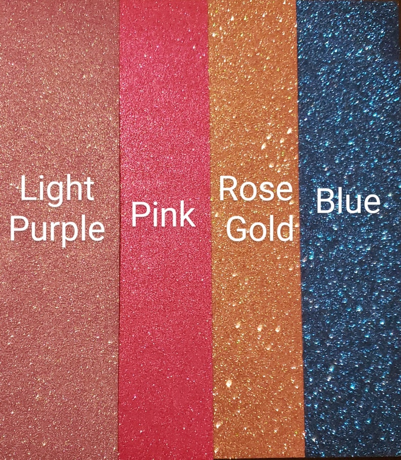 May include: Four samples of glitter in different colors: light purple, pink, rose gold, and blue.