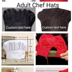 May include: Four chef hats in white, red, and black. The hats are made of fabric and have a pleated design. The hats are 14 cm tall and 9 cm wide. The hats are shown in different positions, including a close-up of the inside of the hat.