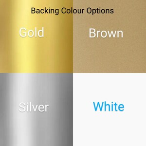 May include: Four color swatches showing backing color options for a product. The colors are gold, brown, silver, and white.