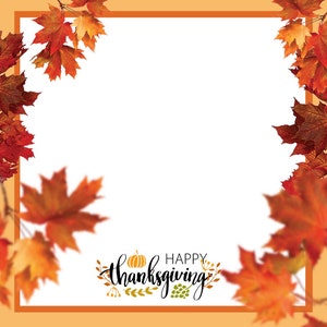 Puede incluir: Un fondo blanco con un marco de hojas de otoño naranja y marrón. El texto "Feliz Día de Acción de Gracias" está en el centro de la imagen con una pequeña calabaza y follaje de otoño.