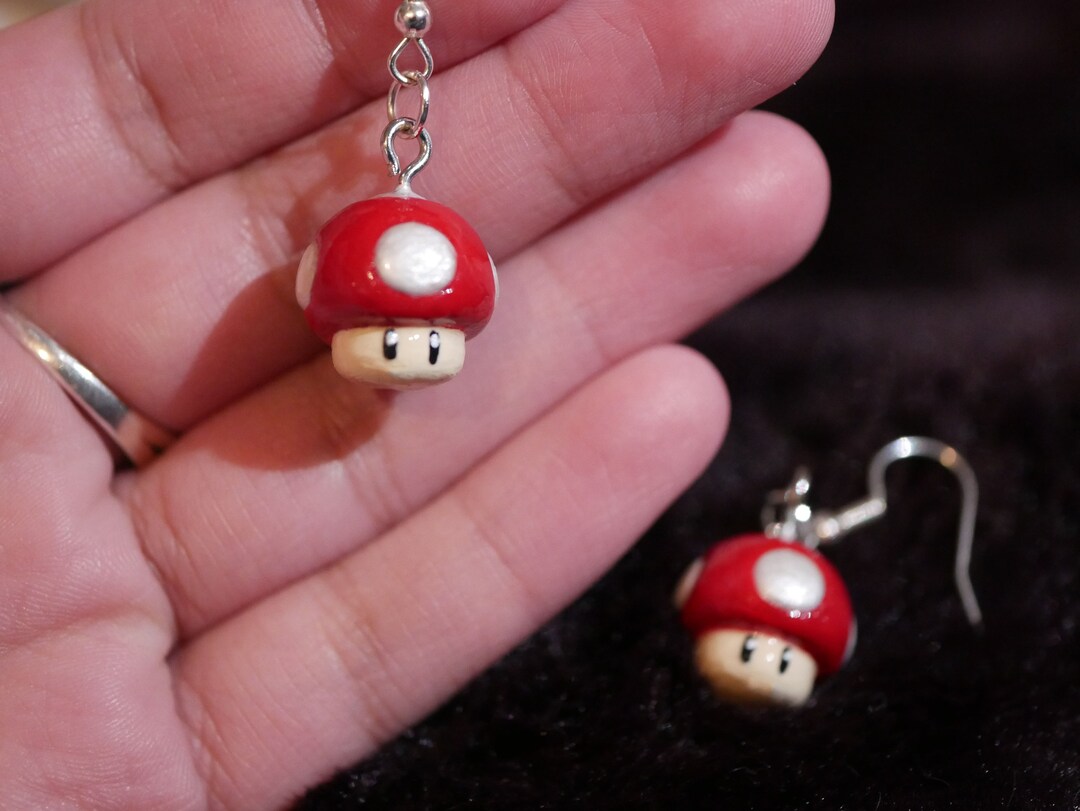 Super Mario Red Powerup Mushroom Dainty Earrings Handmade Resin Painted