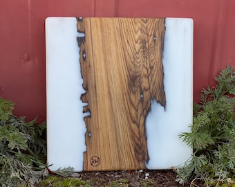 Live edge sinker Cyprus with pure white resin (15.5”x15”)