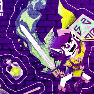 May include: Illustration of a character from The Legend of Zelda: A Link to the Past, wielding a sword and shield. The artwork features a purple brick background with various game-related icons. The character is in a yellow and green outfit.